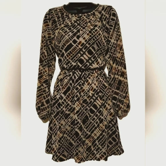 Banana Republic Brown Cream Abstract Print Longsleeve Fit & Flare Dress Med NWT - Picture 1 of 9